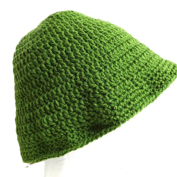 Dark Green Bucket Hat OS Handmade Crochet Hand Knit Roll Up Beanie Spring Garden - Picture 1 of 9